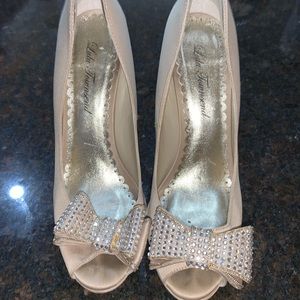 Tan/beige satin high heels with sequin bow